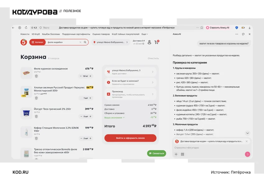 Яндекс Браузер: корзина «Пятёрочки» и чат с Алисой AI, проверяющей продукты на неделю.