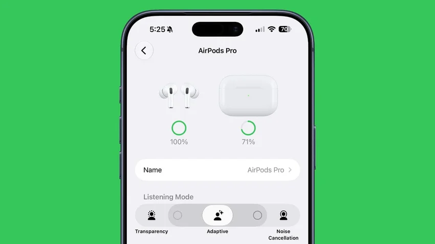 Экран настроек AirPods Pro на iPhone с отображением заряда наушников и кейса, а также режима прослушивания.