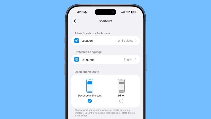 Настройки Shortcuts: выбор между описанием команды и редактором.