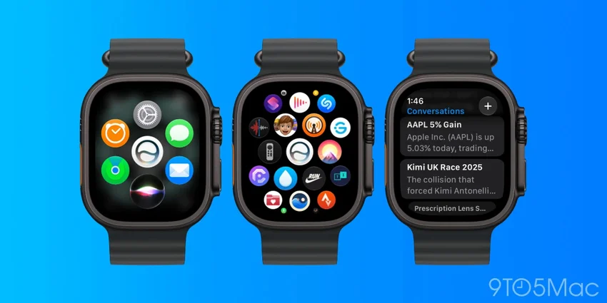 Три Apple Watch с экранами приложений и уведомлений на синем фоне, логотип 9to5Mac.