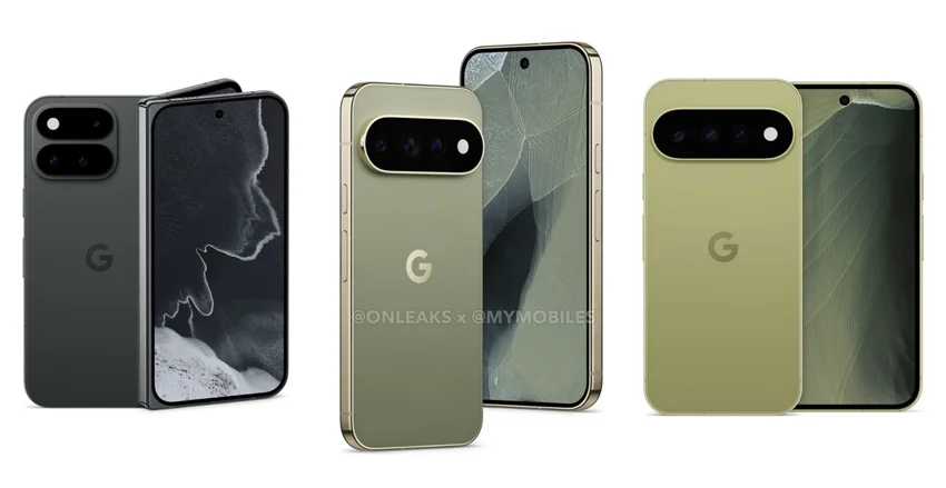 Рендеры трех смартфонов Google Pixel: складной черный и два зеленых с крупными камерами.