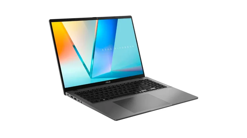 Открытый серый ноутбук ASUS Vivobook с цветным экраном, клавиатурой и тачпадом.