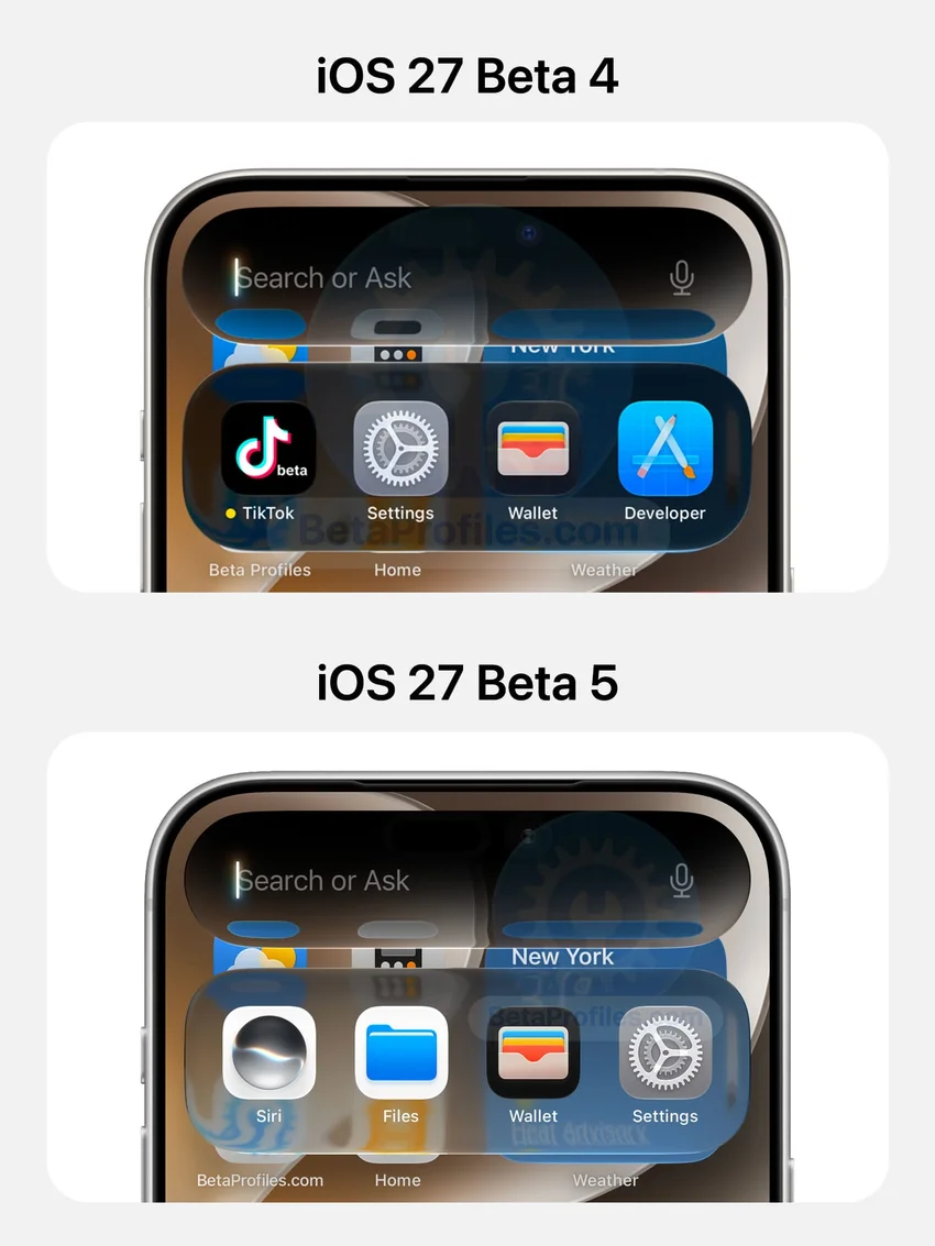 Что нового в iOS 27 beta 5: новые стеклянные иконки, апдейты Siri и поиска