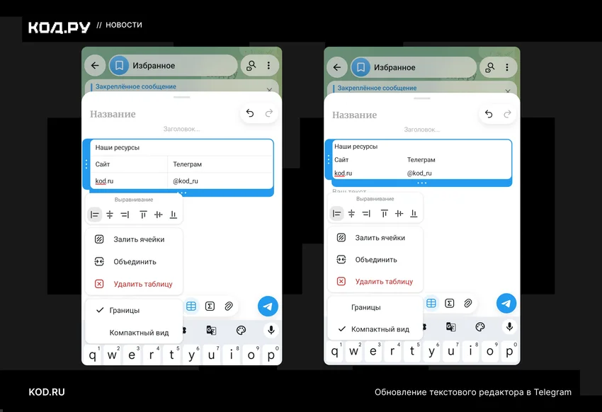 Telegram для Android обновился до версии 12.10: приветственные сообщения, кнопки в тексте и новые опции для таблиц