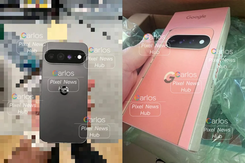 Задняя часть черного смартфона и розовая коробка Google Pixel с водяными знаками.
