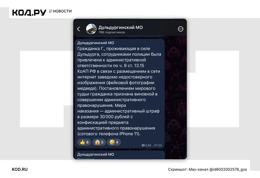 Россиянку оштрафовали на 30 000 рублей и лишили iPhone за ИИ-фото медведя