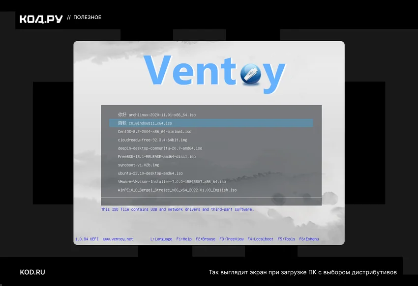 Экран загрузки Ventoy с меню выбора ISO-образов операционных систем