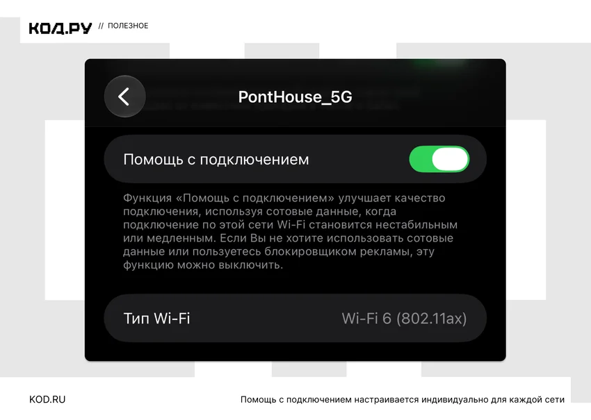 Настройки Wi-Fi PontHouse_5G: включена функция Помощь с подключением.