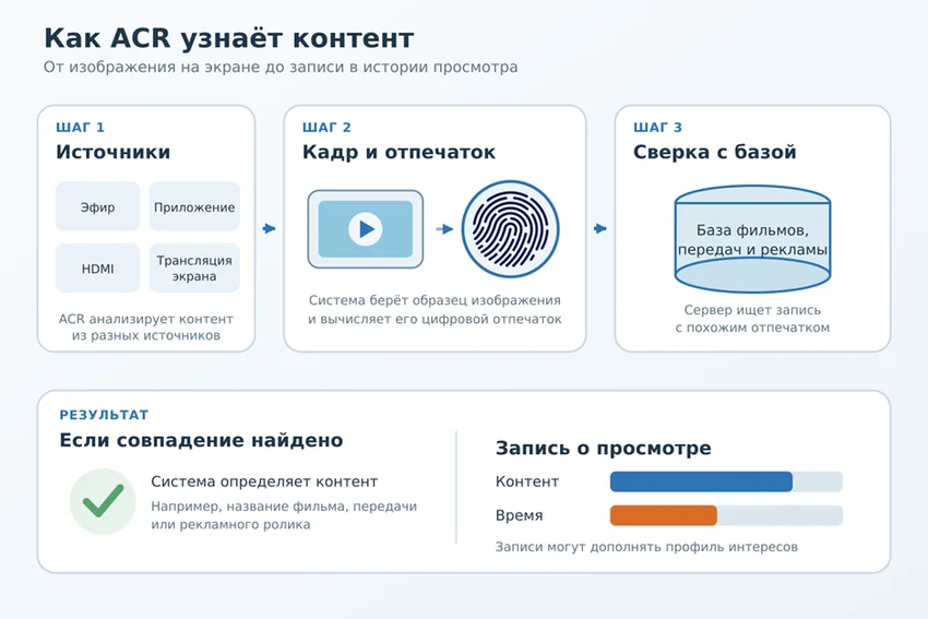 Русскоязычная редакционная схема: кадры с телевизора преобразуются в отпечаток, сверяются с базой и помогают составить профиль просмотра.