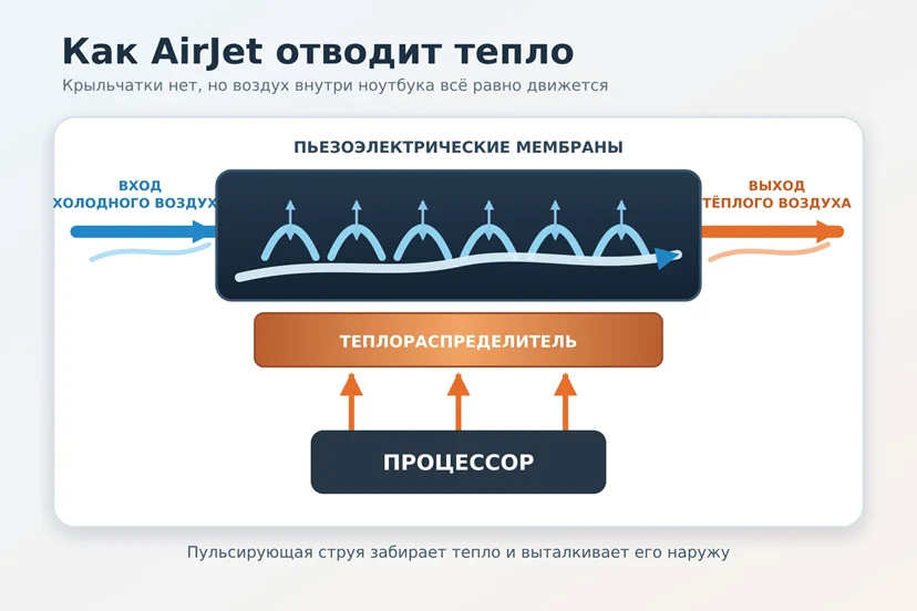 Русскоязычная схема работы AirJet: холодный воздух проходит через мембраны над теплораспределителем и выходит нагретым.