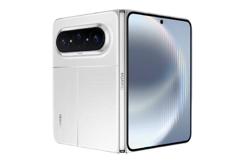 Белый складной смартфон Huawei с тремя камерами и частично раскрытым экраном.