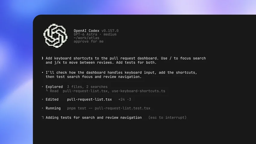 Интерфейс OpenAI Codex с командой на добавление горячих клавиш и ход выполнения задач.