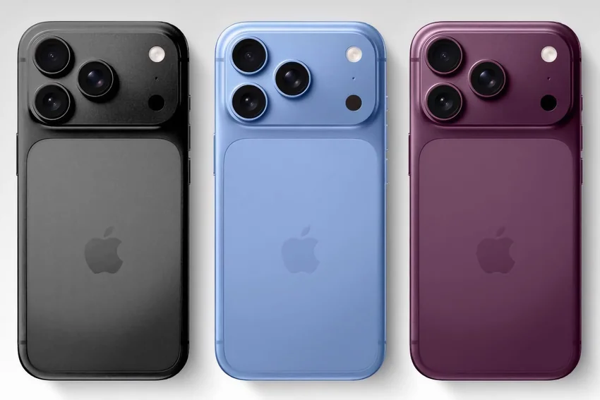 Три смартфона iPhone в черном, голубом и бордовом цветах на белом фоне.