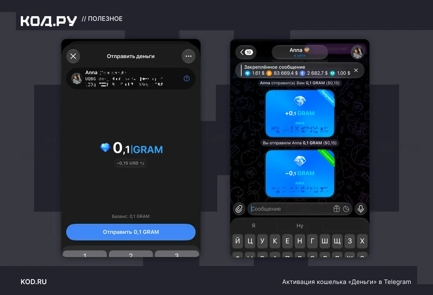 Скриншоты Telegram: отправка 0,1 GRAM и чат с уведомлениями о переводе GRAM.