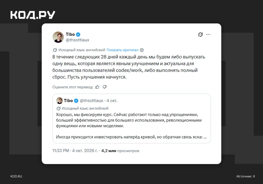 OpenAI пообещали вносить улучшения в Codex каждый день, либо давать сбросы лимитов