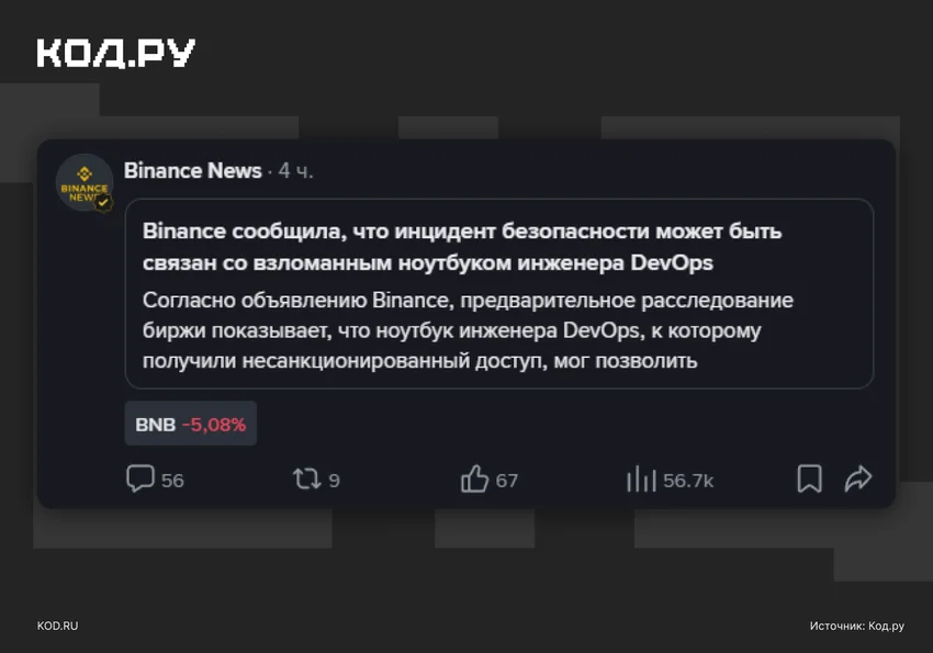Хакеры вывели с Binance $6,3 млрд через ноутбук инженера